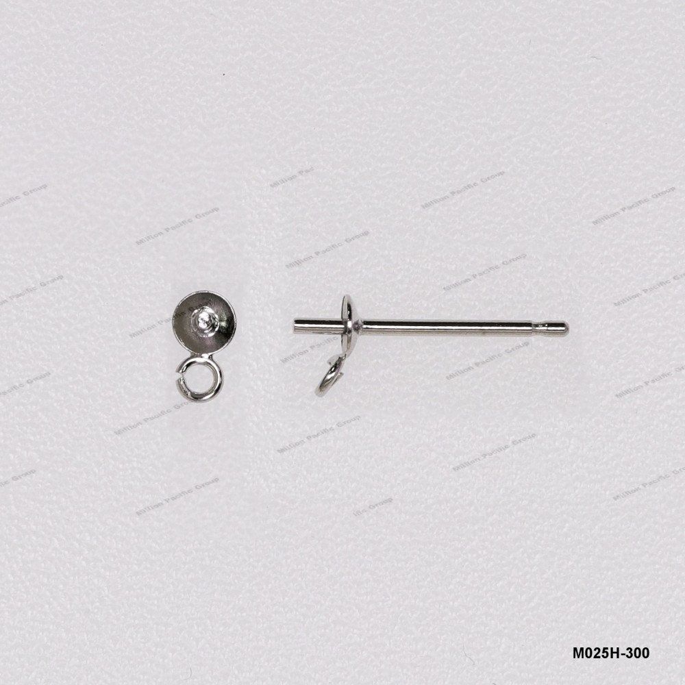M025, Post Earring Round Pearl Cup with Same way Open End Ring