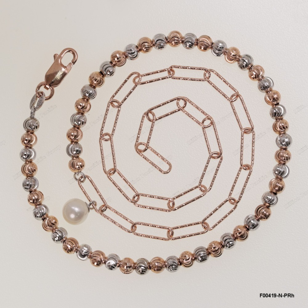F00419, Diamond Cut Paper Clip 3.5mm Chain mix design with 4mm Moon beads Round Freshwater Pearl Adjustable Necklace