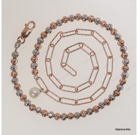 F00419, Diamond Cut Paper Clip 3.5mm Chain mix design with 4mm Moon beads Round Freshwater Pearl Adjustable Necklace