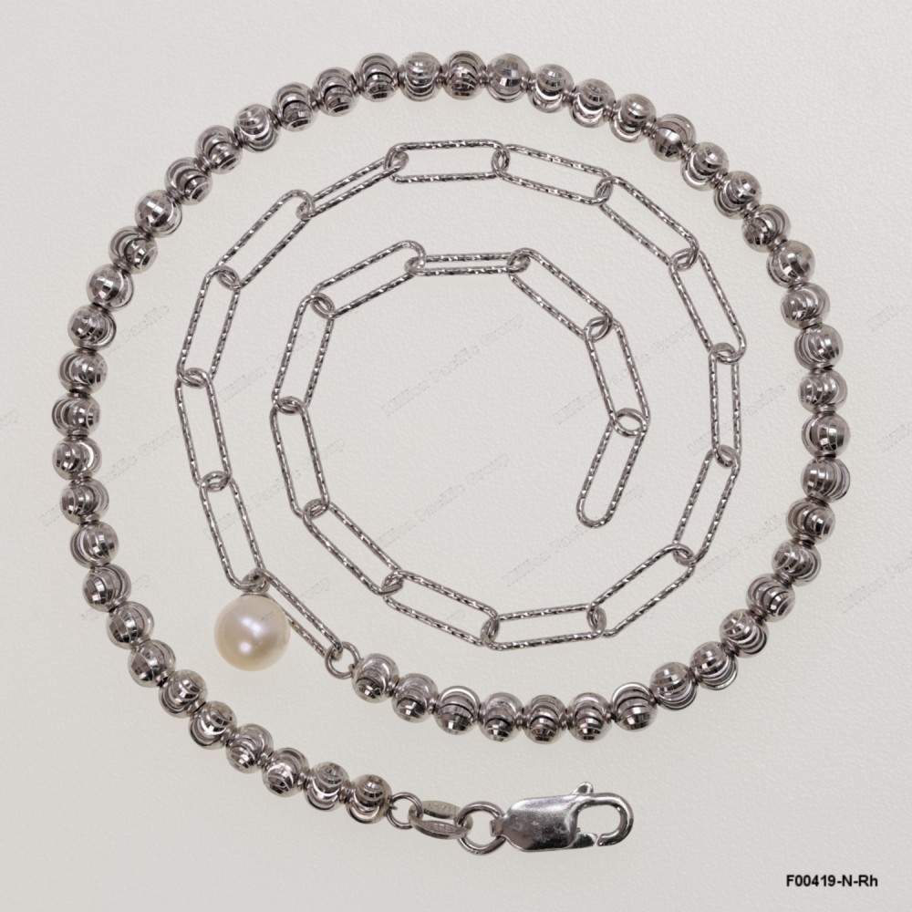 F00419, Diamond Cut Paper Clip 3.5mm Chain mix design with 4mm Moon beads Round Freshwater Pearl Adjustable Necklace