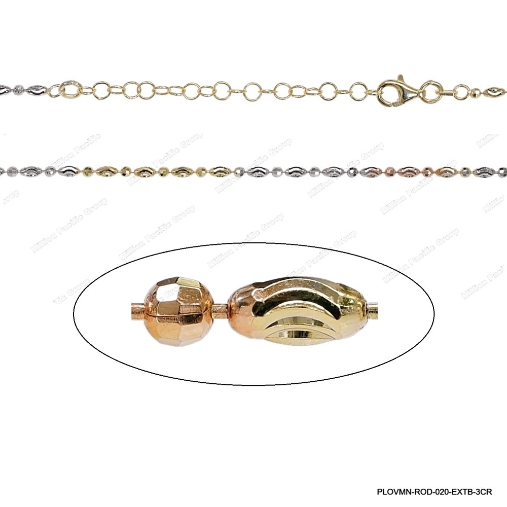 PLOVMN-ROD, Oval Moon Cut and Round Diamond cut Alternating Adjustable Necklace, Tricolor by selection ~2mm