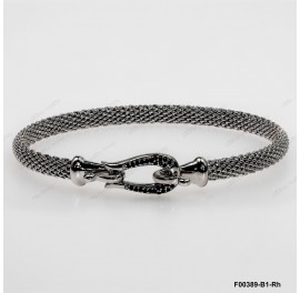 F00389-B1-Rh, Italian Black CZ Fish Tail Design Hook Clasp Bangle 