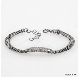 F00390-B-Rh, Flat Oval POPCon Chain 4.8mm with Whtie CZ Bar Adjustable Bracelet