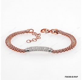 F00390-B-RhP, Flat Oval POPCon Rose Gold Plating Chain 4.8mm with Rhodium Whtie CZ Bar Adjustable Bracelet