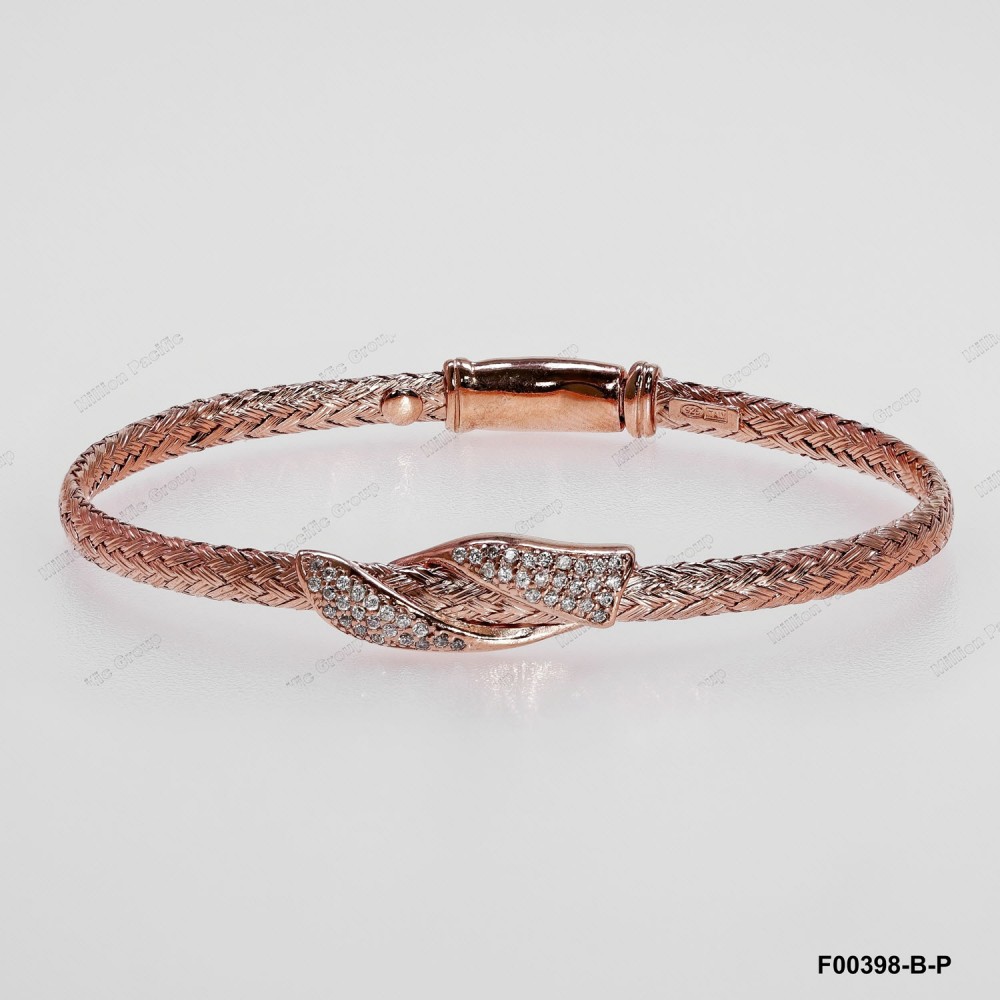 F00398, Italian Flat 3.6mm Chain with White CZ Design Bangle Rose Gold Plating