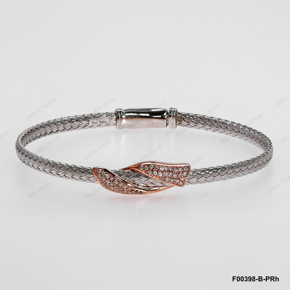 F00398, Italian Flat 3.6mm Chain with Rose Gold Plating White CZ Design Bangle