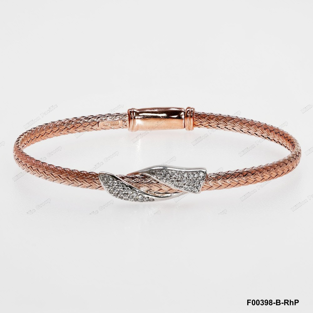 F00398, Italian Flat 3.6mm Chain with Rose Gold Plating White CZ Design Bangle