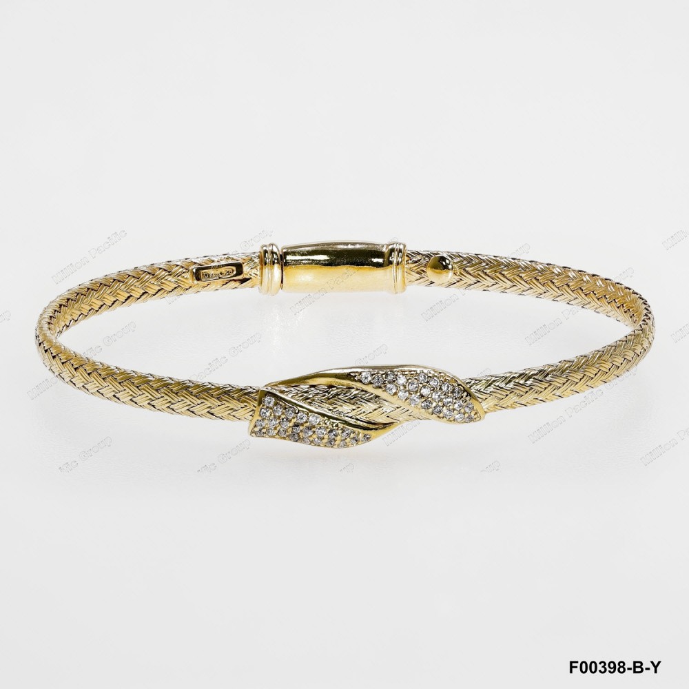 F00398, Italian Flat 3.6mm Chain with White CZ Design Bangle Yellow Gold Plating
