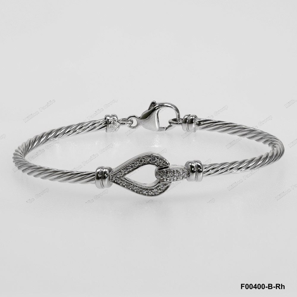 F00400, Italian Whtie CZ Design Bangle with Oval Trigger Clasp