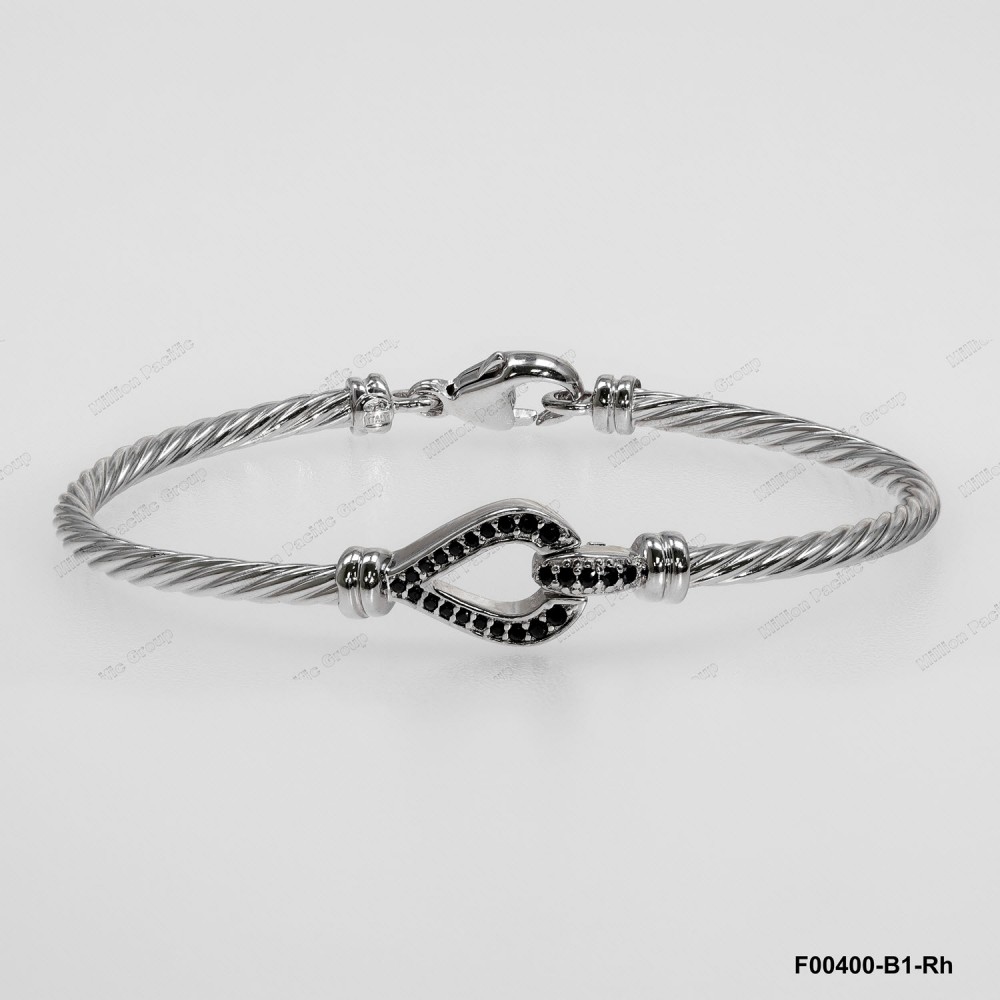 F00400, Italian Black CZ Design Bangle with Oval Trigger Clasp