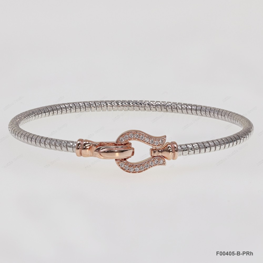 F00405, Italian Diamond Cut Round Chain with White CZ design and Clasp Bangle