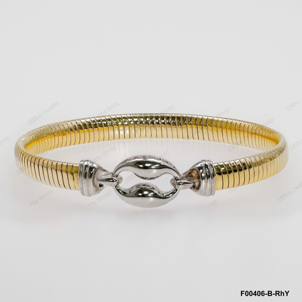 F00406, Yellow Gold Plating Oval Flat Tubo Gas 6.1mm Chain with Rhodium Oval Design Bangle Hook Clasp