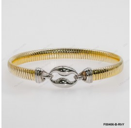 F00406, Yellow Gold Plating Oval Flat Tubo Gas 6.1mm Chain with Rhodium Oval Design Bangle Hook Clasp