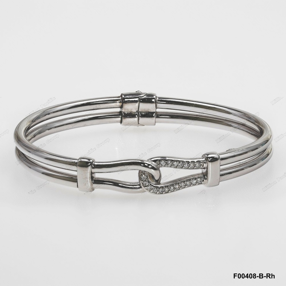 F00408, Double Wire hidden Hinge White CZ Design Bangle