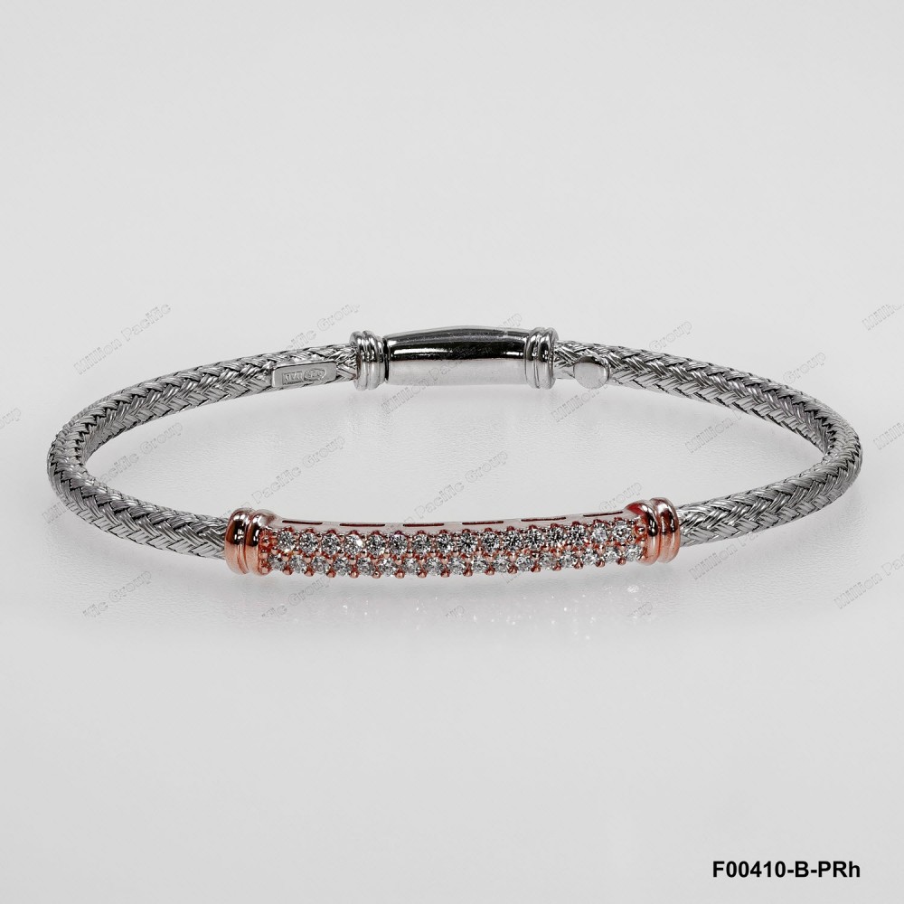 F00410, Italian Rhdoium Chain with Rose Gold White CZ Bar Bangle