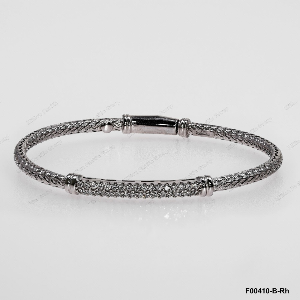 F00410, Italian Chain and Whtie CZ Bar Rhodium Plated Bangle 
