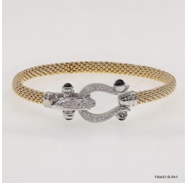 F00427, Italian Oval 5.5mm Chain Two Tones CZ and Black Onyx Design Bangle