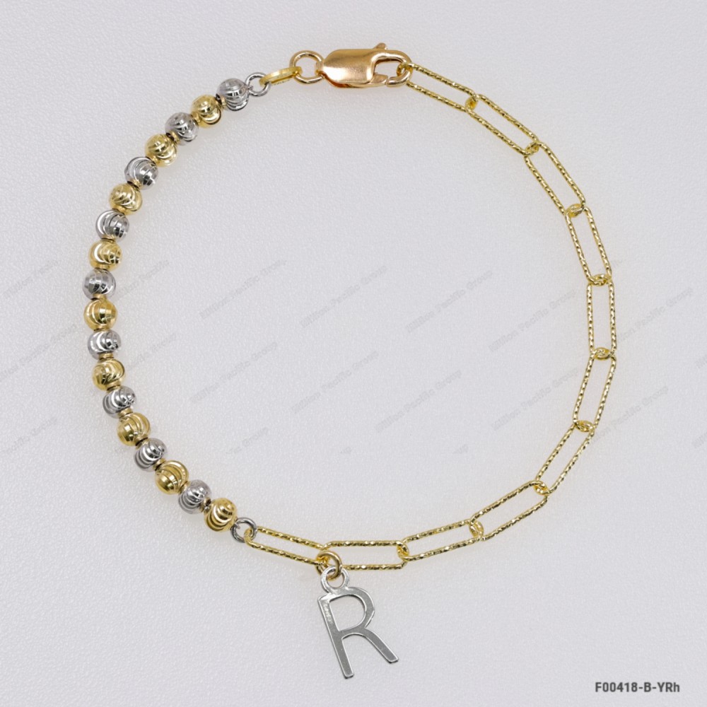 F00418, Diamond Cut Paper Clip 3.5mm Chain mix design with 4mm Moon beads Letter Adjustable Bracelet