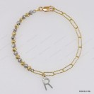 F00418, Diamond Cut Paper Clip 3.5mm Chain mix design with 4mm Moon beads Letter Adjustable Bracelet