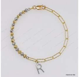 F00418, Diamond Cut Paper Clip 3.5mm Chain mix design with 4mm Moon beads Letter Adjustable Bracelet