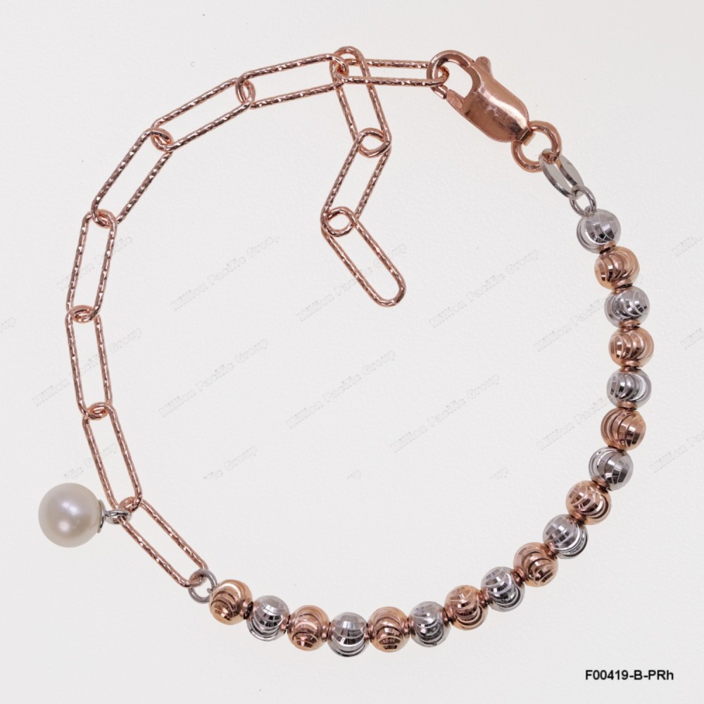 F00419, Diamond Cut Paper Clip 3.5mm Chain mix design with 4mm Moon beads Round Freshwater Pearl Adjustable Bracelet