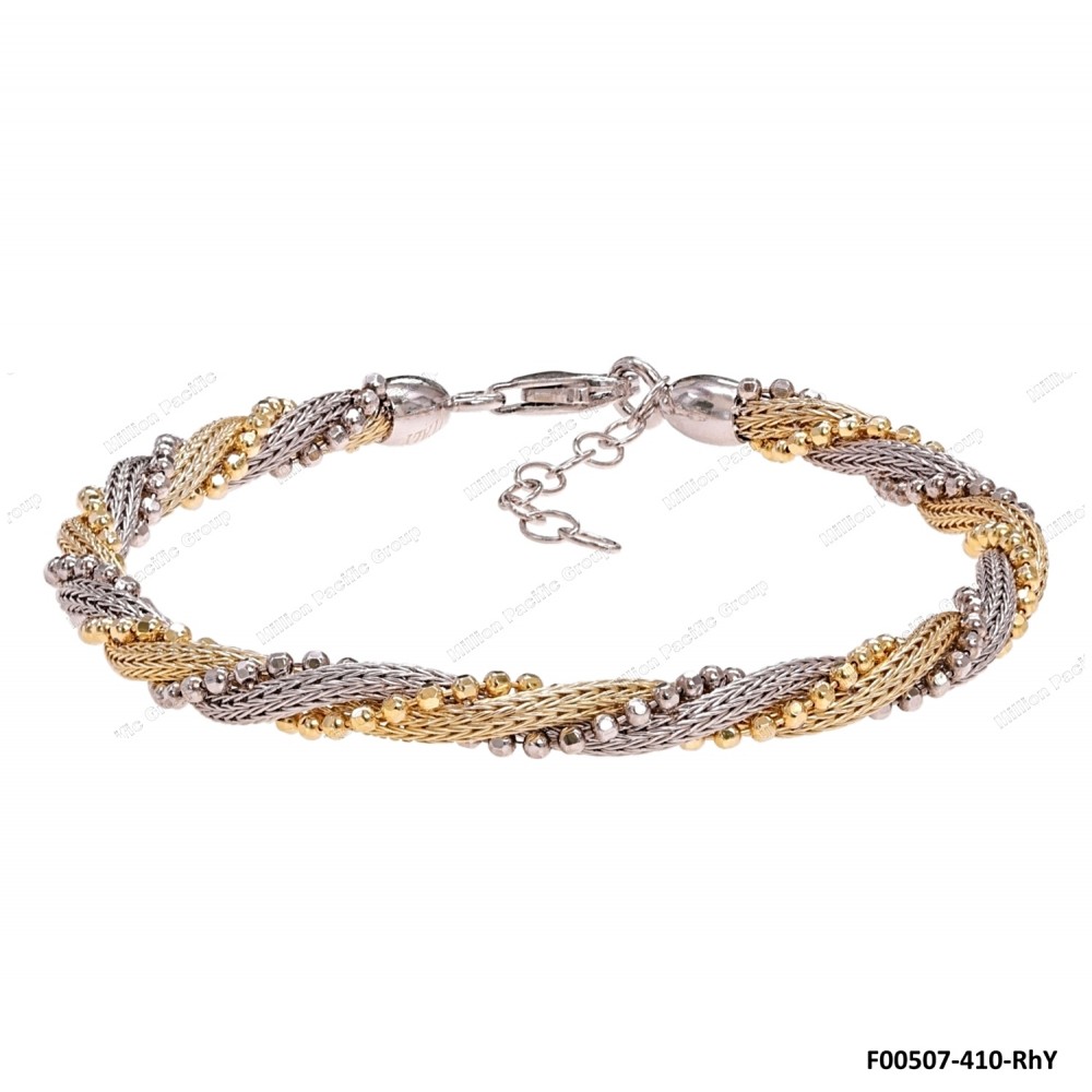 F00507, Two 8DC Bead and Two Calza Yellow and Rhodium Braided Adjustable Bracelet